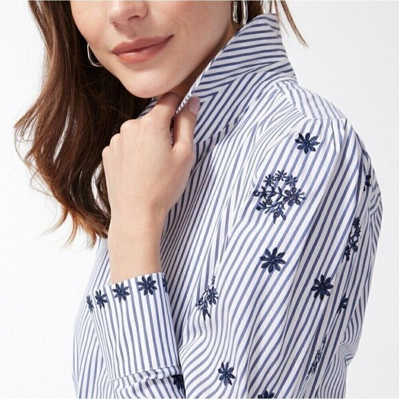 Chico's Blue White Stripe Embroidered Eyelet Embellished Sleeve Poplin Shirt 16 - Picture 3 of 12